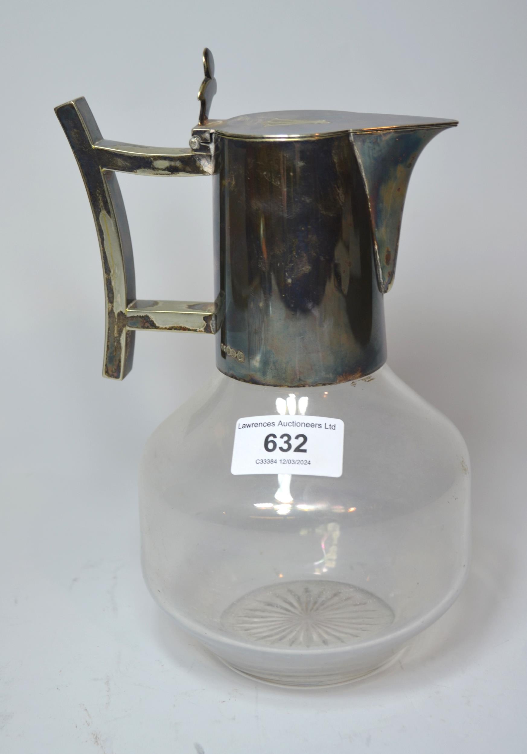 Early 20th Century silver plate mounted glass claret jug in the style of Dresser, height to top of