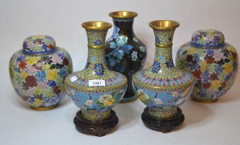 Pair of 20th Century cloisonne baluster form vases, 23cm high, together with another single vase and