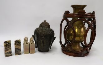 Bronzed metal head of Buddha, brass baluster form vase, four Chinese soapstone seals and a