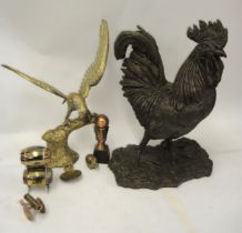 Patinated cast resin figure of a cockerel, brass figure of an eagle on a branch and a quantity of