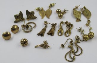 Ten various pairs of 9ct gold mounted earrings, and two single earrings, gross weight 34.4g