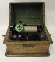 Early Edison standard phonograph in oak case with silvered horn, together with a large quantity of