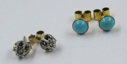 Pair of 9ct gold diamond solitaire ear studs, together with a pair of 9ct gold turquoise set ear