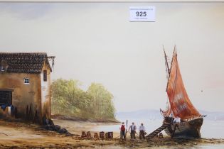 Large modern mixed media coastal scene with figures and boats, signed Anthony, 24 x 86cm, in a