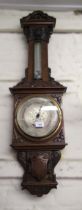 Good quality Victorian carved walnut aneroid barometer thermometer with silvered dials