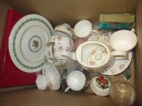 Three boxes containing a quantity of various porcelain including Royal Worcester and Minton floral