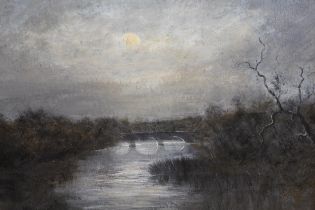 Early 20th Century oil, on board, moonlit river landscape with distant bridge, 26 x 37cm