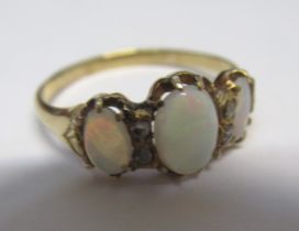 Victorian gold ring set three oval opals and four rows cut diamonds, 2.4g, size 'O'