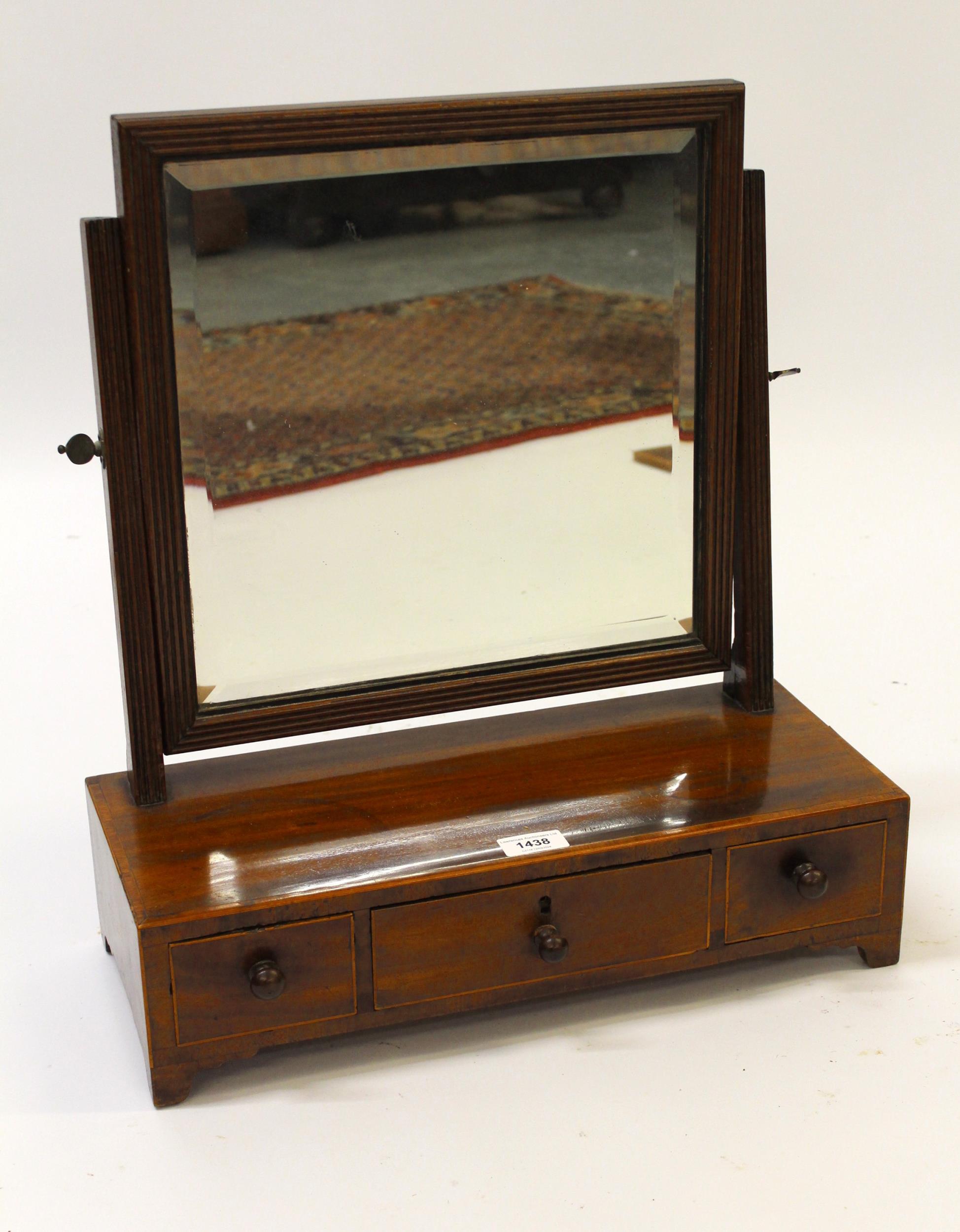 George III rectangular mahogany and inlaid box toilet mirror with three drawers to base