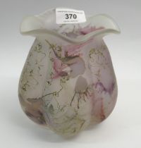 Small Art glass vase of lobed baluster form with pink and trailed gilt decoration, 13.5cm high