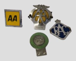 AA car badge, an RAC car badge and a British Alsation Association badge