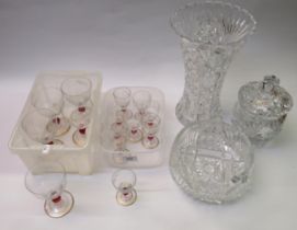 Quantity of matching Continental glasses decorated with horses, together with three cut glass items