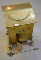 Brass Art Nouveau coal box, with hinged cover and shaped supports, together with a smaller brass and