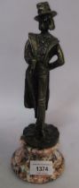 Modern patinated novelty bronze figure of a dog dressed as a Victorian gentleman on marble plinth,