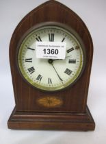 Edwardian mahogany shell inlaid lancet clock, 19cm high