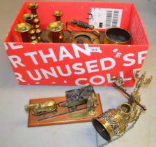 Brass wall mounted bell, brass kettle, miscellaneous antique candlesticks and other brassware