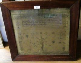 19th Century woolwork alphabet and pictorial sampler, dated 1843 (with damages)