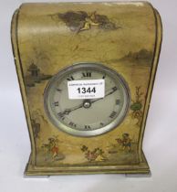 20th Century cream lacquered and chinoiserie decorated mantel clock, with circular silvered dial