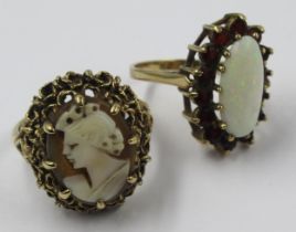 9ct Yellow gold cameo ring size 'Q' together with a 9ct yellow gold mounted ring set with central