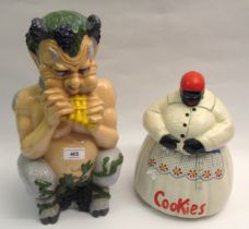Large pottery figure of a faun, 37cm high together with a Japanese pottery cookie jar in the form of