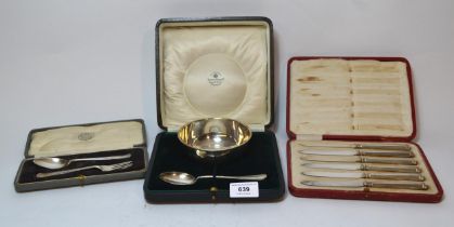 Mappin and Webb christening bowl and spoon in a fitted case, 4.5oz t, together with a cased silver