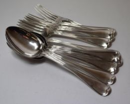 Set of five Victorian silver Fiddle and Thread pattern dinner forks, together with five matching