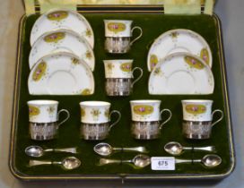 Cased set of six Sheffield silver coffee can holders, together with six spoons, five Shelley cups