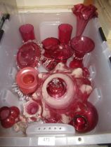 Collection of various items of 19th Century cranberry glass including a pair of pedestal goblets,