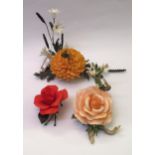 Group of three Boehm porcelain and metal ornaments of flowers, rose, chrysanthemum and butterfly (at