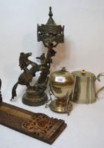 Patinated spelter table lamp depicting an angel with a rearing horse, together with a silver