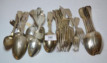 George III Dublin silver Fiddle pattern part canteen of table forks, spoons etc., and a small