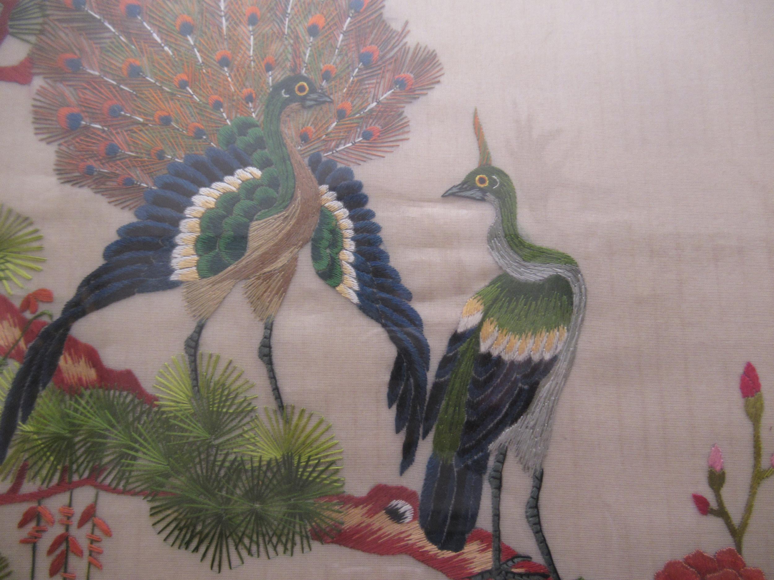 Pair of Oriental silkwork pictures of peacocks on branches, bearing character marks, 57 x 33cm each - Image 3 of 3