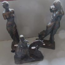 Group of three brown patinated composite figures, ' Venus de Milo ', ' The Lovers ' and man on