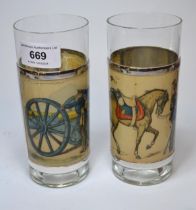 Pair of unusual silver mounted glass tumblers decorated with military prints