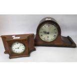 Art Deco style walnut mantel clock, together with an oak three train dome top mantel clock