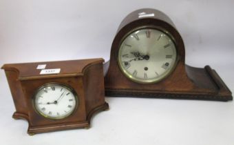 Art Deco style walnut mantel clock, together with an oak three train dome top mantel clock