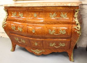 20th Century French Kingwood and ormolu bombe commode in Louis XV style, with rouge marble top above