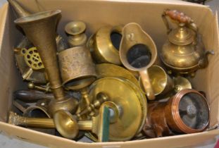 Box containing a quantity of brass and copper items including candlesticks etc.