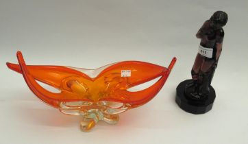 Glass figure of a young lady and an art glass orange and clear dish