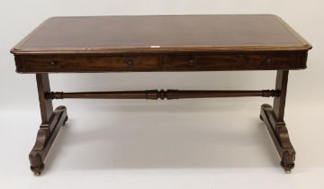 Good quality William IV mahogany stretcher writing table, the red leather inset moulded top above