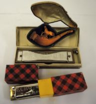 Cased 19th Century Meerschaum pipe and two boxed harmonicas