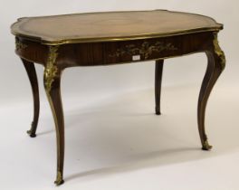 French walnut writing table having brown leather gilt tooled inset top with single frieze drawer