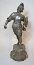 Large late 19th Century spelter figure of a warrior, 57cm high, together with a pair of spelter