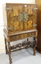 Mid 20th Century burr walnut drinks cabinet on stand having ornate gilt metal mounts in 18th Century