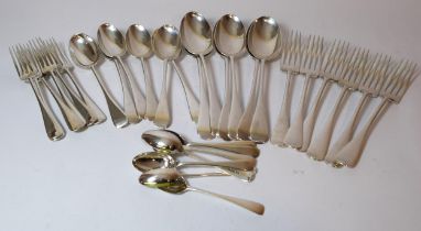 Canteen of silver Old English pattern cutlery comprising: six dinner forks, six dessert forks, six