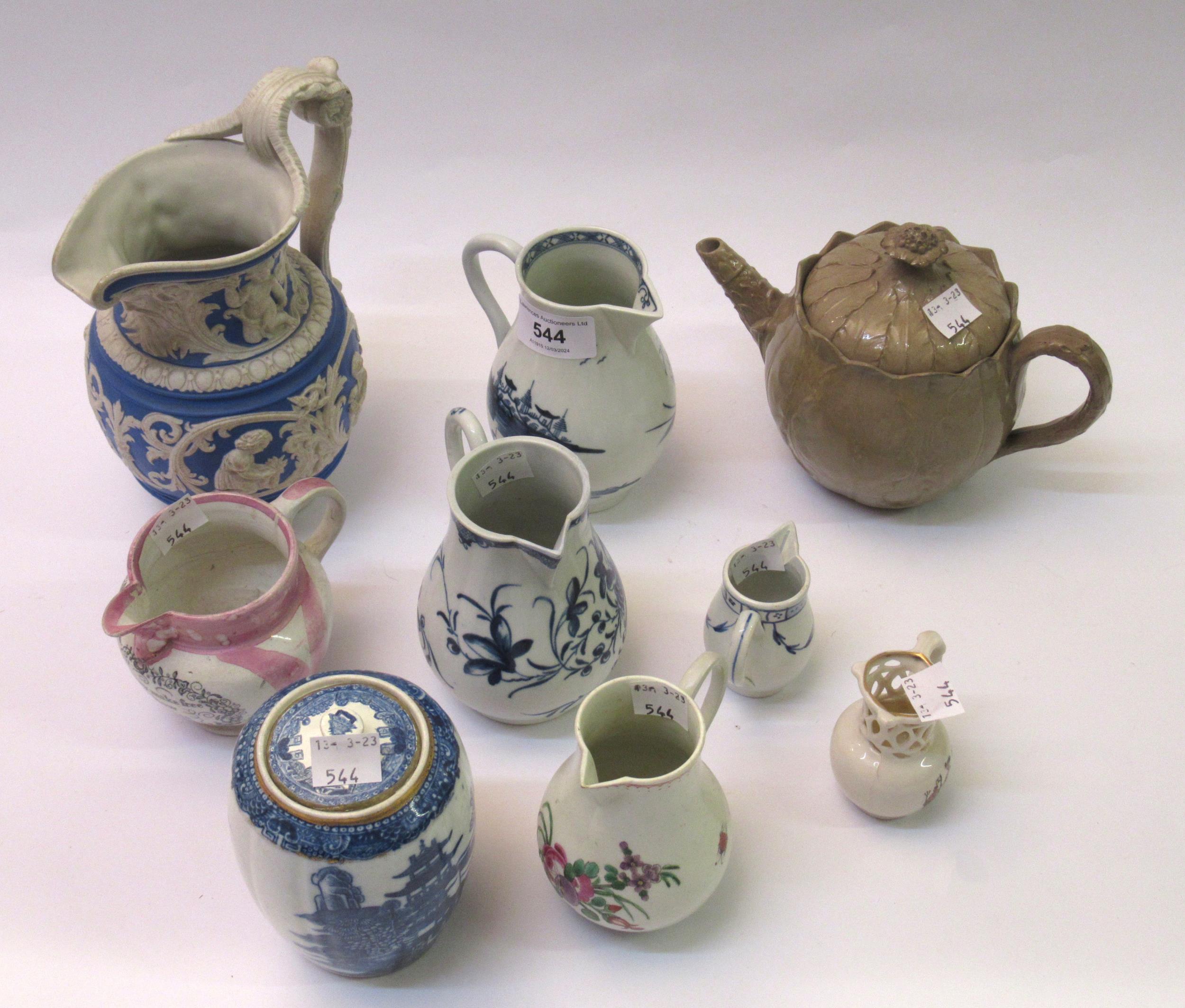 Group of three 18th Century English cream jugs (all restored), together with four other various