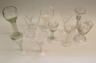 Collection of various large drinking glasses including three 18th Century etched and air twist