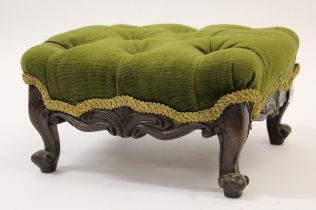 Small 19th Century mahogany and button upholstered footstool on cabriole supports, together with