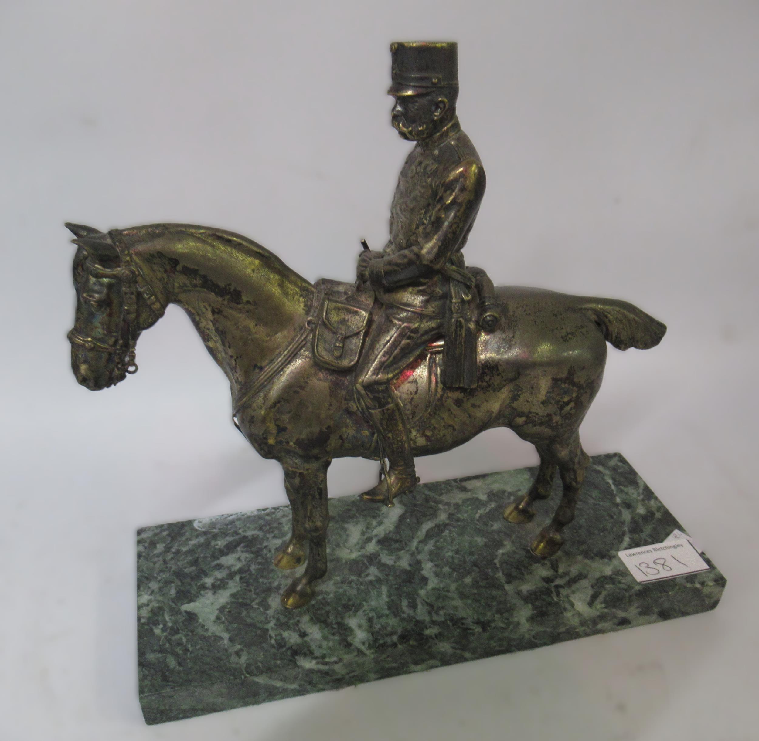 19th Century gilt bronze figure of General Blucher, on a white marble and black slate plinth, 37cm - Image 2 of 2