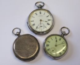 Two silver pocket watches, together with another silver plated